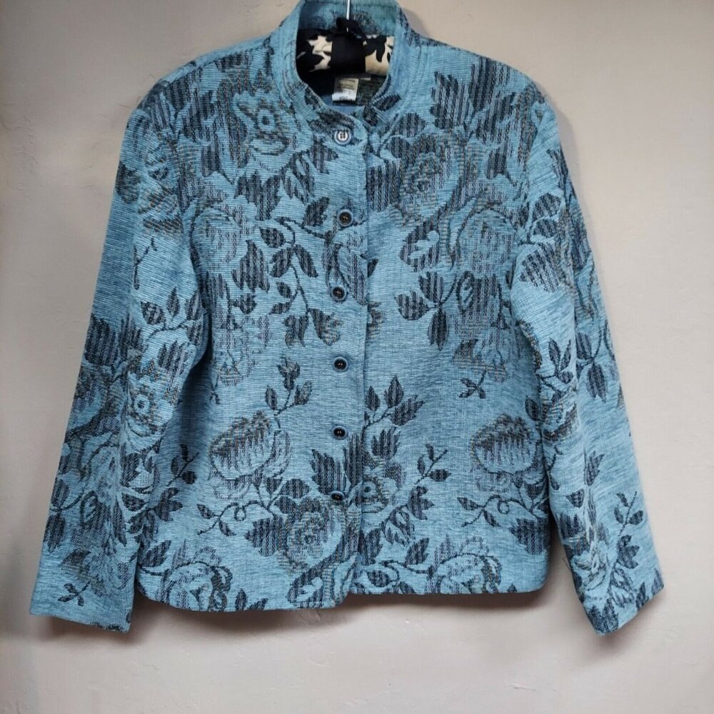 GRAFF Womens Medium Petite Blue Jacquard Floral Knit Button Cardigan Sweater